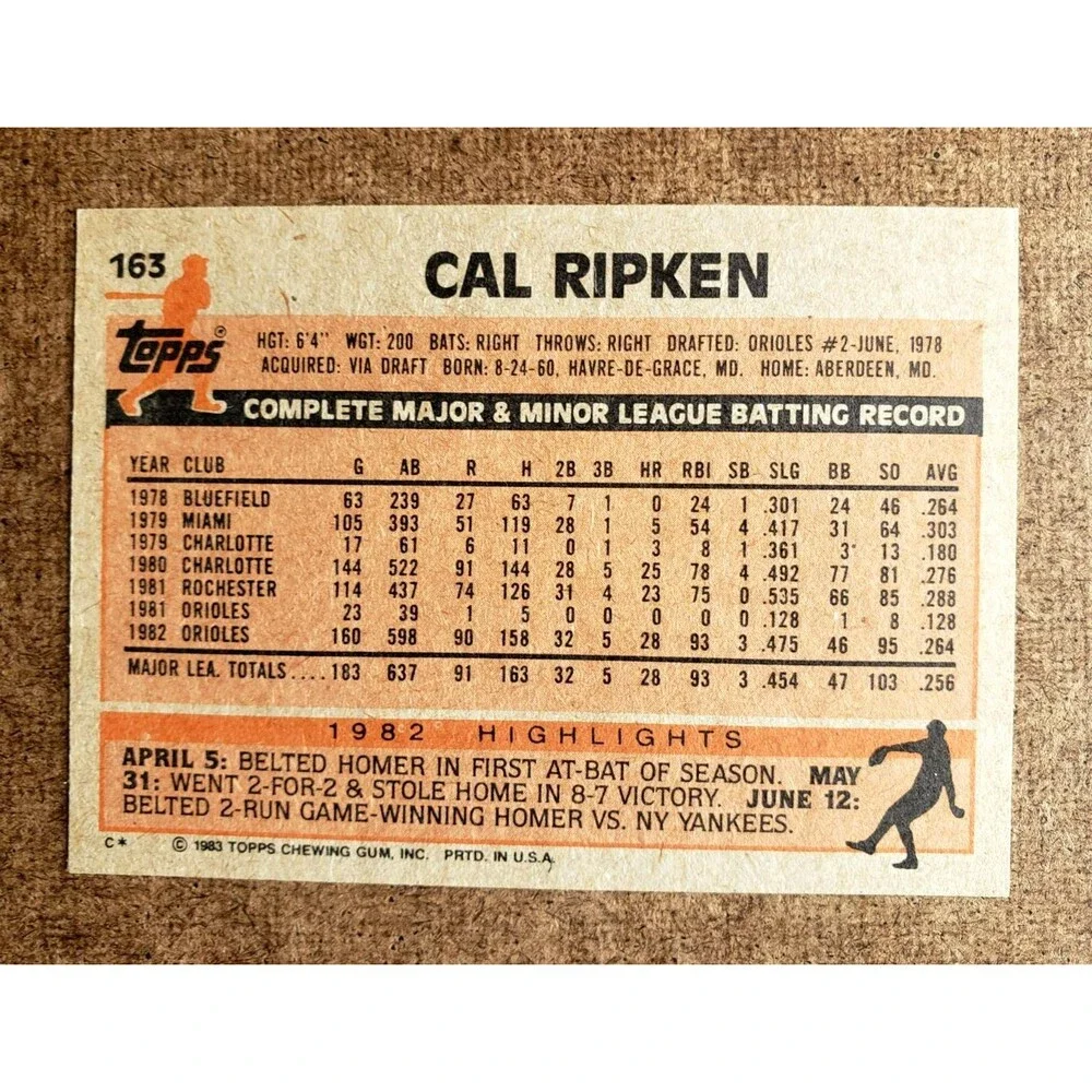 VTG 1983 Topps CAL RIPKEN JR. MLB Baseball #163 2nd YEAR Baltimore ORIOLES H.O.F
